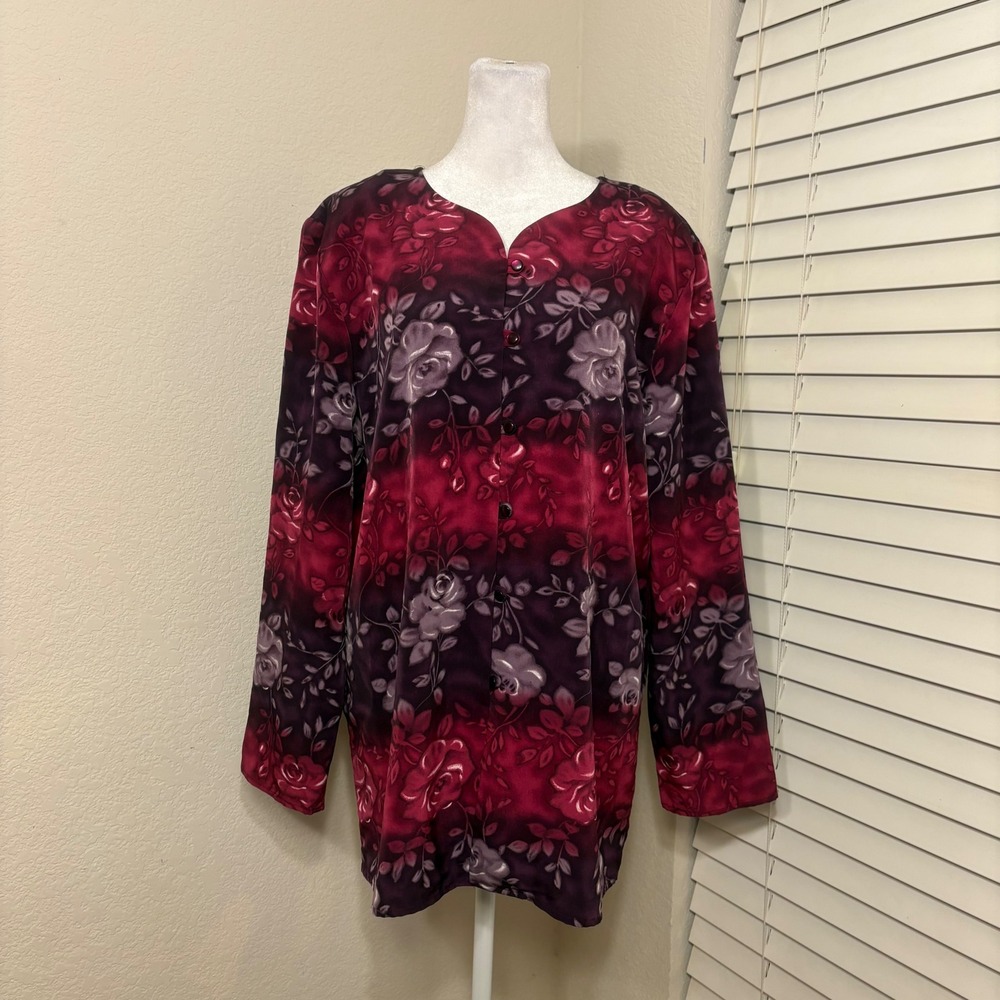 Vintage 80s XL pink purple long sleeve tunic floral rose print whimsygoth top